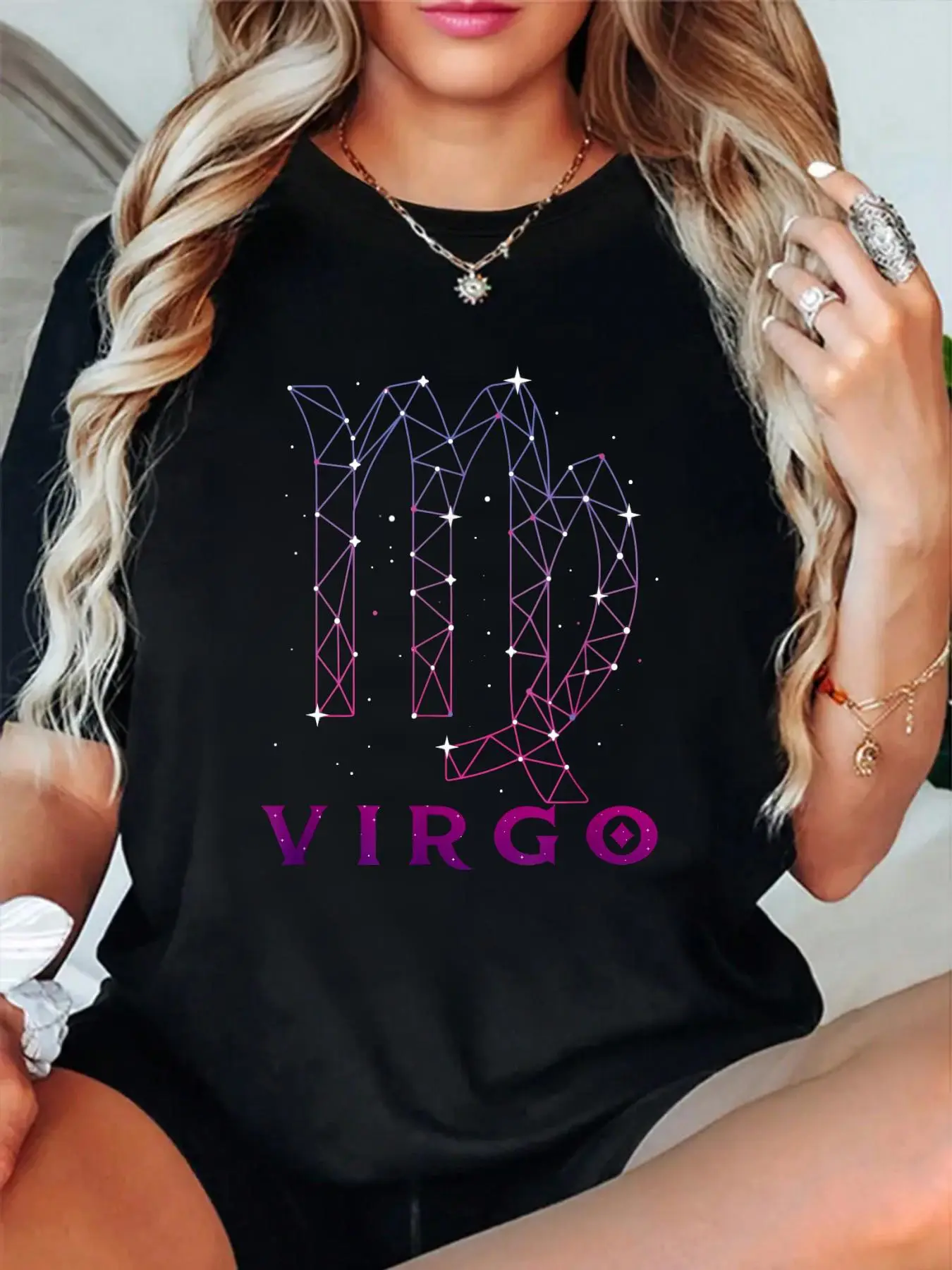 Virgo Symbol Graphic T-shirt for Women, Casual Round Neck Shortsleeve in 100% Soft Cotton for All-Season Comfort, Loose, Tshirt, Style, Zodiac Print, Streetwear, Lady, Breathable