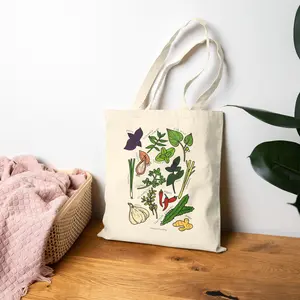 AtmosYummy | Vietnamese Herb Garden Illustration Tote Bag | Garlic, Basil, Coriander, Ginger, Chilies, Cilantro, and more