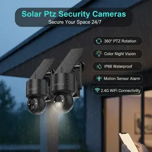 FAMVIVA 2K Wireless Outdoor Solar Security Cameras (2-Pack, Black) - 360° PTZ Battery-Powered Home Security Cameras, 2.4G WiFi, Color Night Vision, IP66 Waterproof, Motion Sensor Alarm