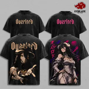Albedo Overlord Anime Double Printed Vintage Washed Tee Unisex Oversize Anime Manga Washed Heavyweight Cotton T-shirt