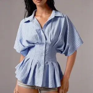 Summer Striped Pleated Blouse Women High Waist Slim Fit Casual Versatile Button Down ShirtStriped Cinched Waist Shirt |     Peplum Blouse for Women Beige Striped Button Down with Ruched Waist |     Elegant Top