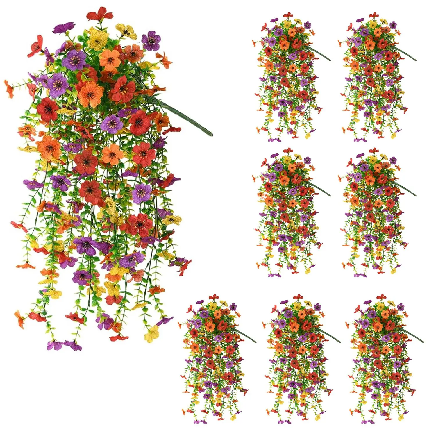 8PCS UV-Resistant Artificial Hanging Basket Flower Set - Faux Silk Daisy Stems with Eucalyptus Greenery, Nature-Inspired Decorative Plants for Home, Window Outdoor Decor
