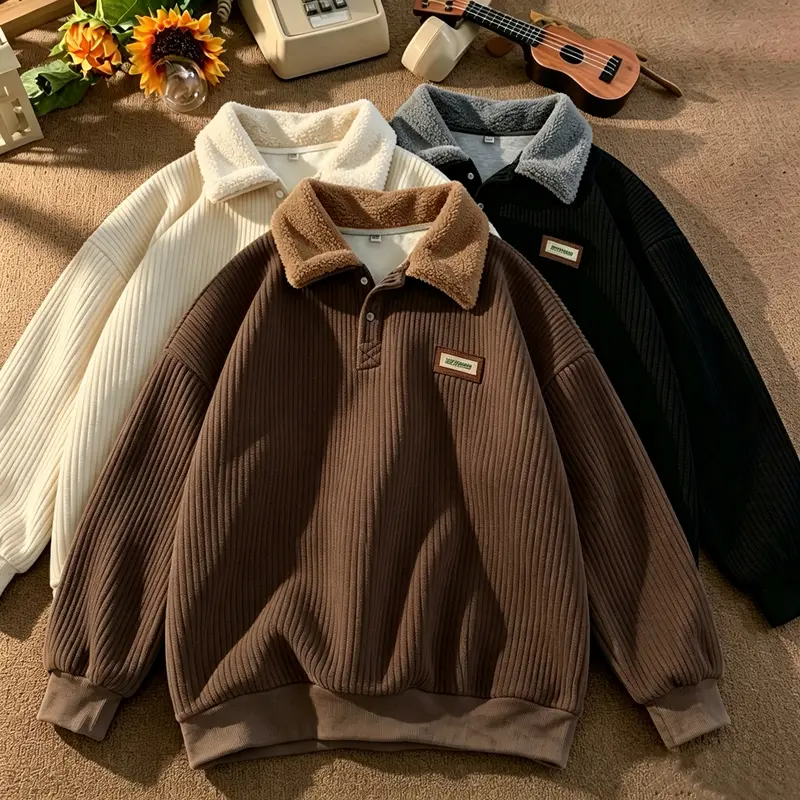 New Corduroy Polo collar sweater couple autumn and winter style plus velvet thickened simple fashion lamb wool coat Comfort Long Sleeve Clothes Vintage streetwear vacation outfits Machine Washable