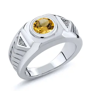 Men's 925 Sterling Silver Gemstone Birthstone and White Diamond Ring For Men | Round 8MM | Available in Size 7, 8, 9, 10, 11, 12, 13