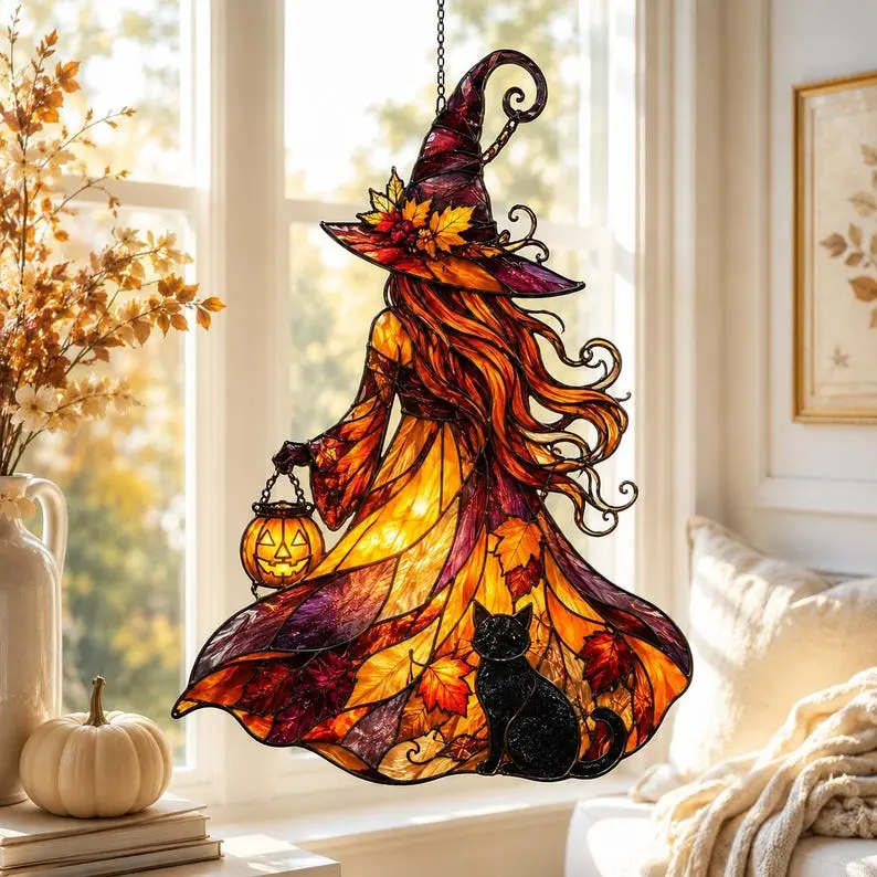 Autumn Witch Acrylic Suncatcher, Stained Glass Style Halloween Window Decor James