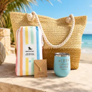 Beach Lover Gift Box Set for Women – Pastel Beach Gift Idea with Large Capacity Straw Bag, Beach Towel, Teal Tumbler & Pineapple Beach Necklace, Gift Box Sets, Mother's Day Relaxation Gift Set