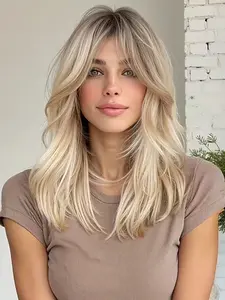 20 Inch Wavy Bangs Full Head Wig, Heat Resistant Gorgeous Hairpiece for Daily Wear, Perfect for Women, Synthetic Curly Hair, Natural Looking Wigs