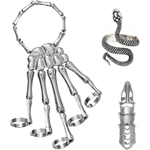 Skeleton Hand Bracelet Halloween Jewelry Decoration Skull Skeleton Hands with Snake Full Finger Rings for Women Men Punk Goth Bracelets Rings Jewelry Halloween Cosplay earrings for men friendshipbracelets bracelet stack