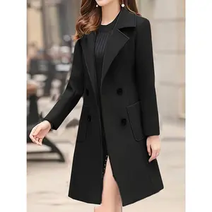 Elegant double-breasted mid-length trench coat — label neck, long sleeves, patched pockets — women’s clothing tops, black chic fabric, buttoned jacket, polyester