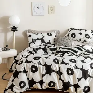 Floral Duvet Cover Queen 100% Cotton Black and White Flower Duvet Cover 3 Pcs Set 1 Cartoon Plant Blossom Patterned Duvet Cover with Zipper Ties 2 Pillowcases Cute Botanical Bedding Set