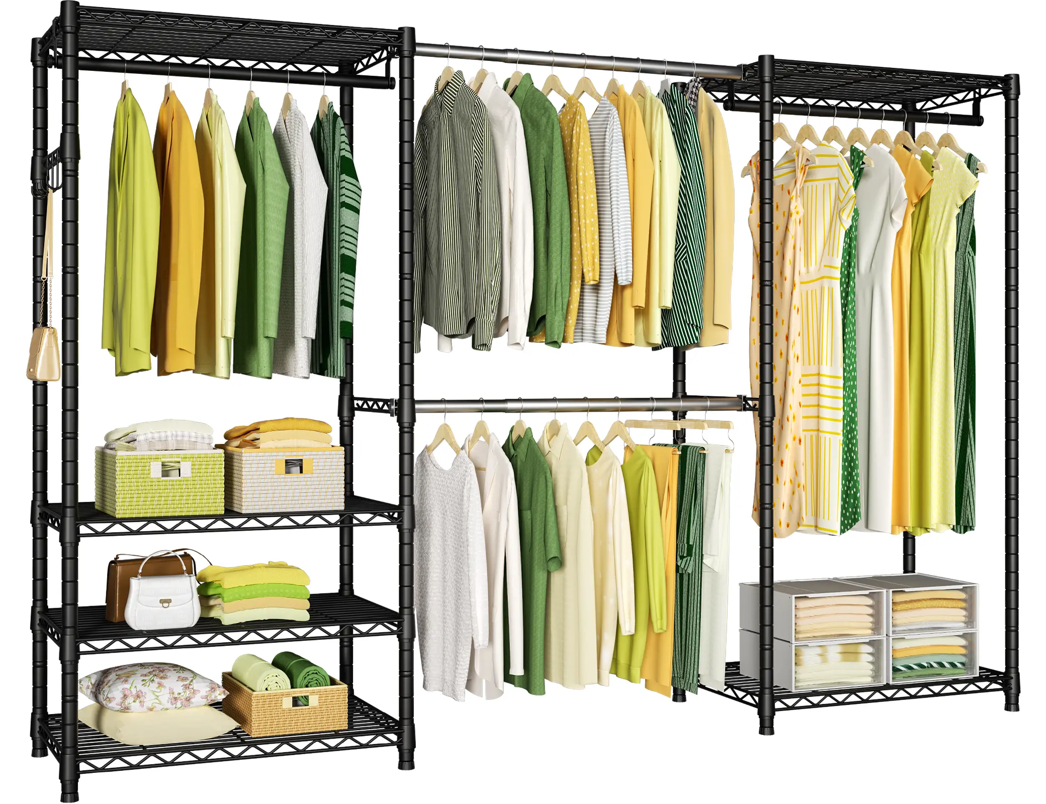 Ulif E1 Heavy Duty Closet Garment Rack, 6 Tiers Adjustable Metal Freestanding Expandable Clothing Storage with 4 Hanger Rods, Easy to Assemble Wardrobe, 71.4" H x (70" - 88.2") L x 14" D, Black