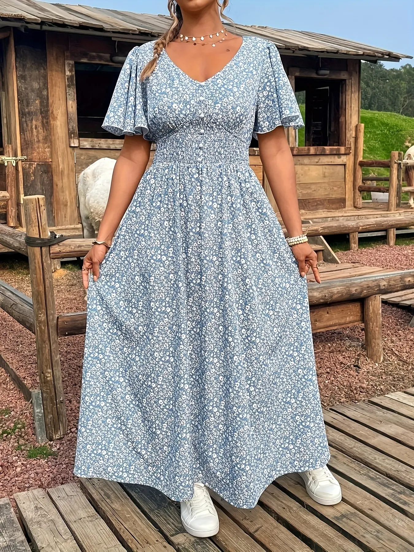 Women's Spring Summer Plus Size Fashion Casual Boho Bohemian Wear Ditsy Floral Shirred Ruched Dress, Elegant Boho Loose-Fitting Midi Dress, Short Sleeve Woven Fabric, Bohemian Daily Wear