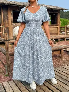 Women's Spring Summer Plus Size Fashion Casual Boho Bohemian Wear Ditsy Floral Shirred Ruched Dress, Elegant Boho Loose-Fitting Midi Dress, Short Sleeve Woven Fabric, Bohemian Daily Wear
