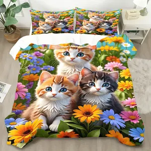 2/3 Pcs Flower Meadow Cute Cat Bedding Duvet Cover Set, Decorative Duvet Cover, Includes Soft Duvet Cover & 1/2 Pillowcases (no filler), Soft Cotton Skin-friendly, Fits Pastoral Homestay/Family Living Room Fresh Duvet Set