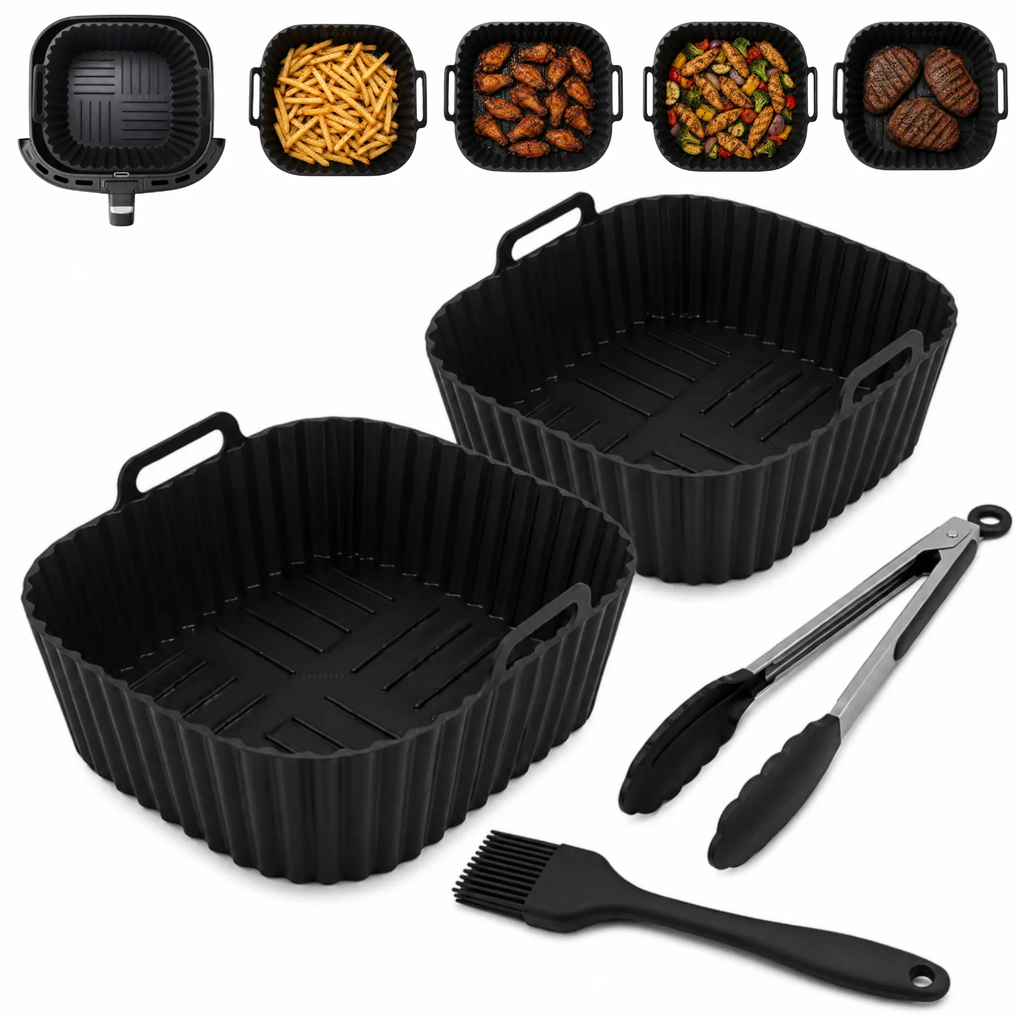 UNCHAZED 4-Piece Air Fryer Accessories Set | 2 Silicone Liners, Tongs & Basting Brush | Fits 5-7 QT Square Air Fryers