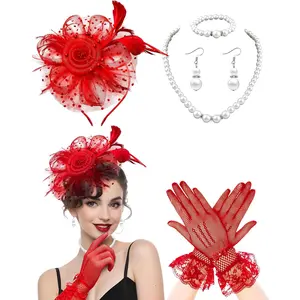 5 Pcs Women's Party Ball Fashion Set Mesh Headband Bow Lace Gloves Pearl Jewelry Set Beauty & Personal Care