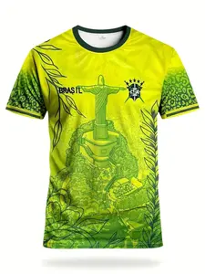 Brazil National Team Christ Statue Print Short Sleeve T-Shirt, Summer Breathable Quick-Dry Football Fan Casual Top, Sporty Fitted Long Tee