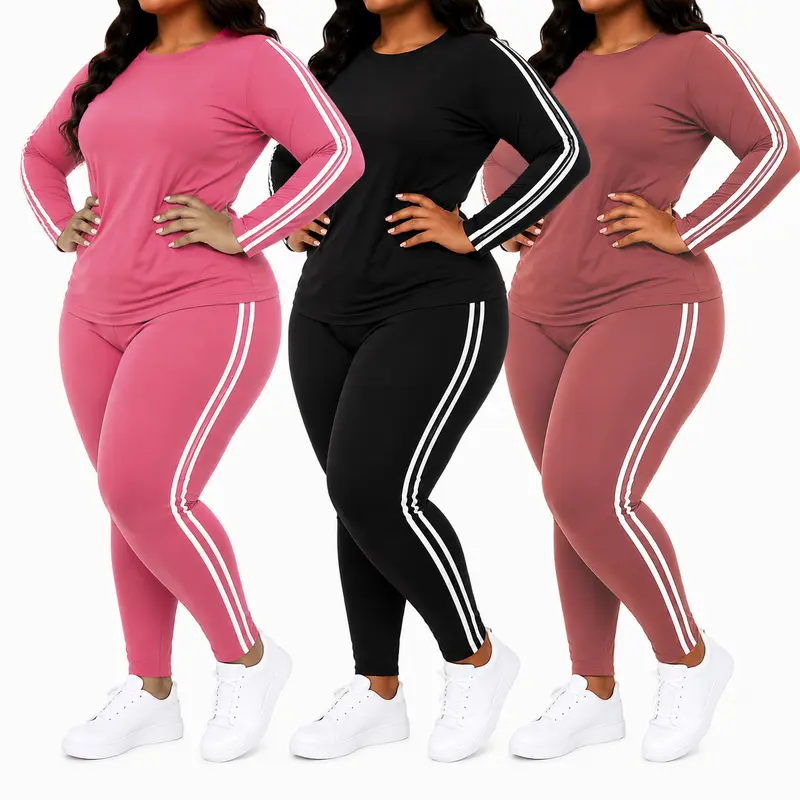 Women's Plus Size 2-Piece Comfortable Loungewear Set - Polyester Stylish Long Sleeve Top, Stretch Leggings, Everyday Pajama Set for Home & Travel