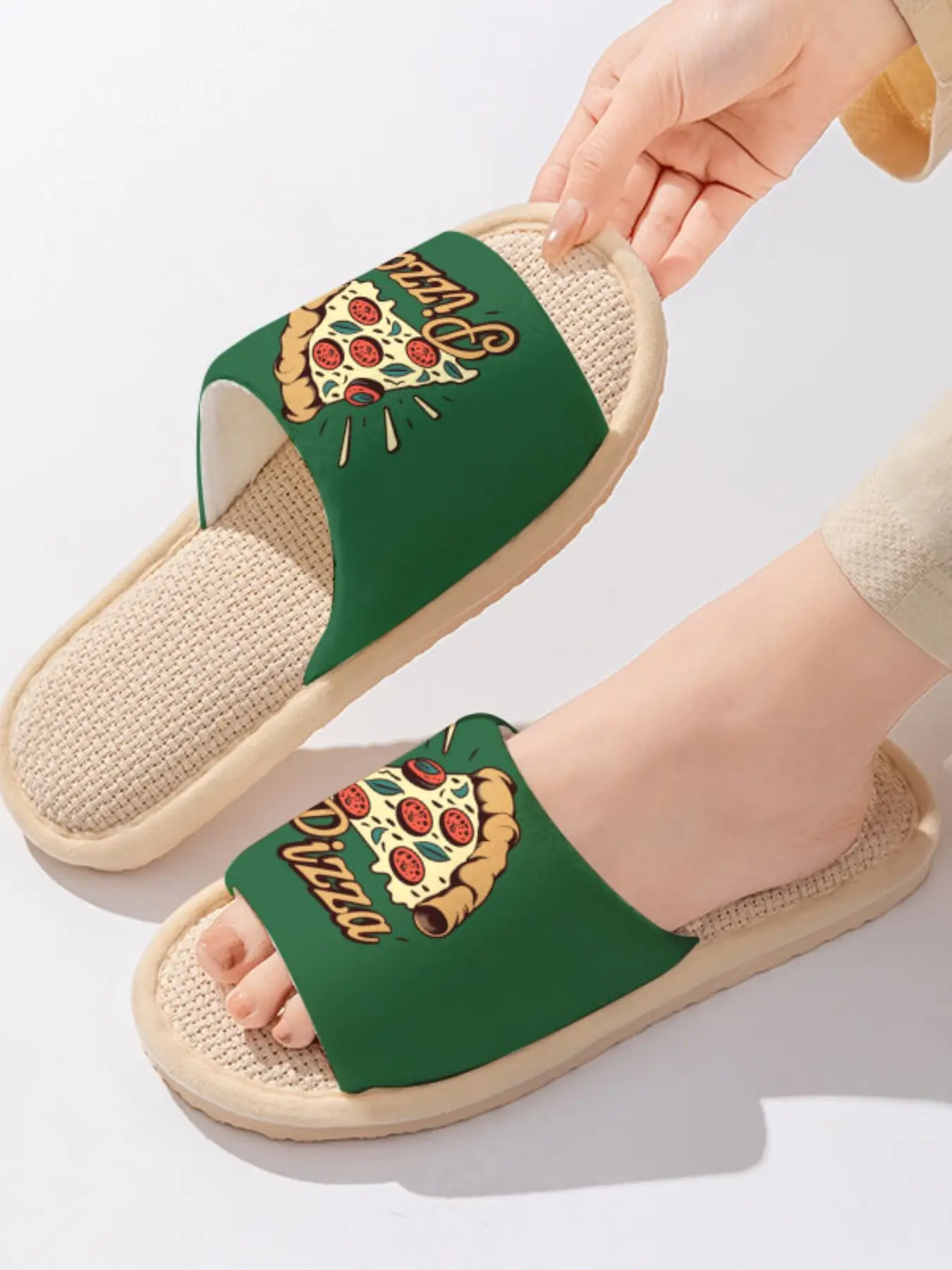 Vintage Pizza Illustration | Fun Foodie Style 1 Pair Linen Breathable Non-Slip Home Slippers For Foodies (Spring & Summer Lounging)