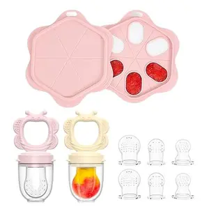 Baby Fruit Feeder Pacifier, Silicone Teething Toys with Freezer Tray, Breastmilk Popsicle Molds for Baby Teething Relief, Fresh Food Nibbler, Includes 4 Mesh Pacifiers
