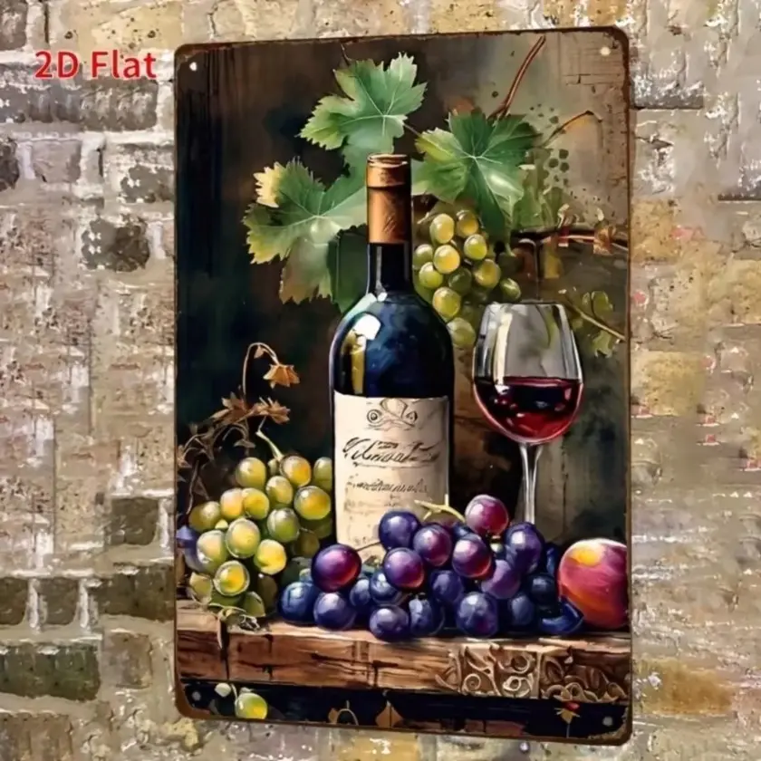 Aluminum Grape and Wine Bottle Unframed Wall Art Decoration Items Artistic Vintage Room Decor Ideal for Home Kitchen Restaurant Office Garden Housewarming Gift