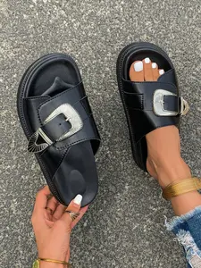 Vintage Big Buckle Platform Slide Sandals, Western Buckle & Cork Footbed, Y2K & Retro Vibe, PU Upper, Rubber Sole, Less Than Ankle Height