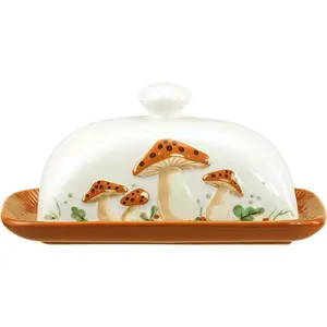 Ceramic  Dish with Lid  Keeper Butter Plate Tray for Kitchen Countertop Mushroom Pattern  Crock Keeper Saver Dishwasher Safe Tableware Dinner Set