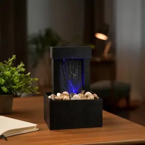 Desktop Waterfall Fountain with Blue LED Light, Zen Stress Relief Decor, Home Office Desk Decoration, Relaxing Tabletop Ornament