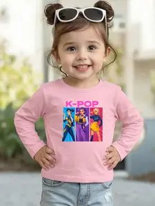 Girls Summer Fashion Creative Three Sisters Singer Pattern Print Long Sleeve T-Shirt, Casual Outdoor Activity Comfortable Wear
