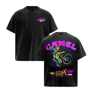 Black Washed Camel Supercross Xtreme Joe Camel Neon Printed Men's T-shirt, Loose Short-Sleeve Crew Neck Pure Cotton Top, Streetwear Casual Apparel, Ideal for Daily Wear by 90s Nostalgia Enthusiasts and Motorsports Lovers