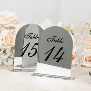 Silver Mirror Arch Acrylic Table Numbers (11-20) - 6"x7" Wedding Reception Signs with Black Print & Stands