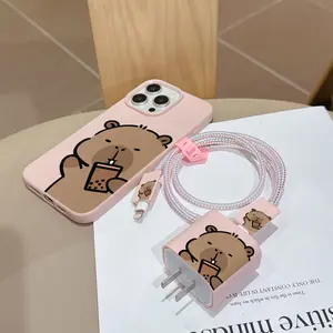 6-Piece Set Cute Capybara Phone Case, Shockproof Leather Texture, Includes Charging Head Cover & Data Cable Protectors, Fits iPhone 11-16 Series