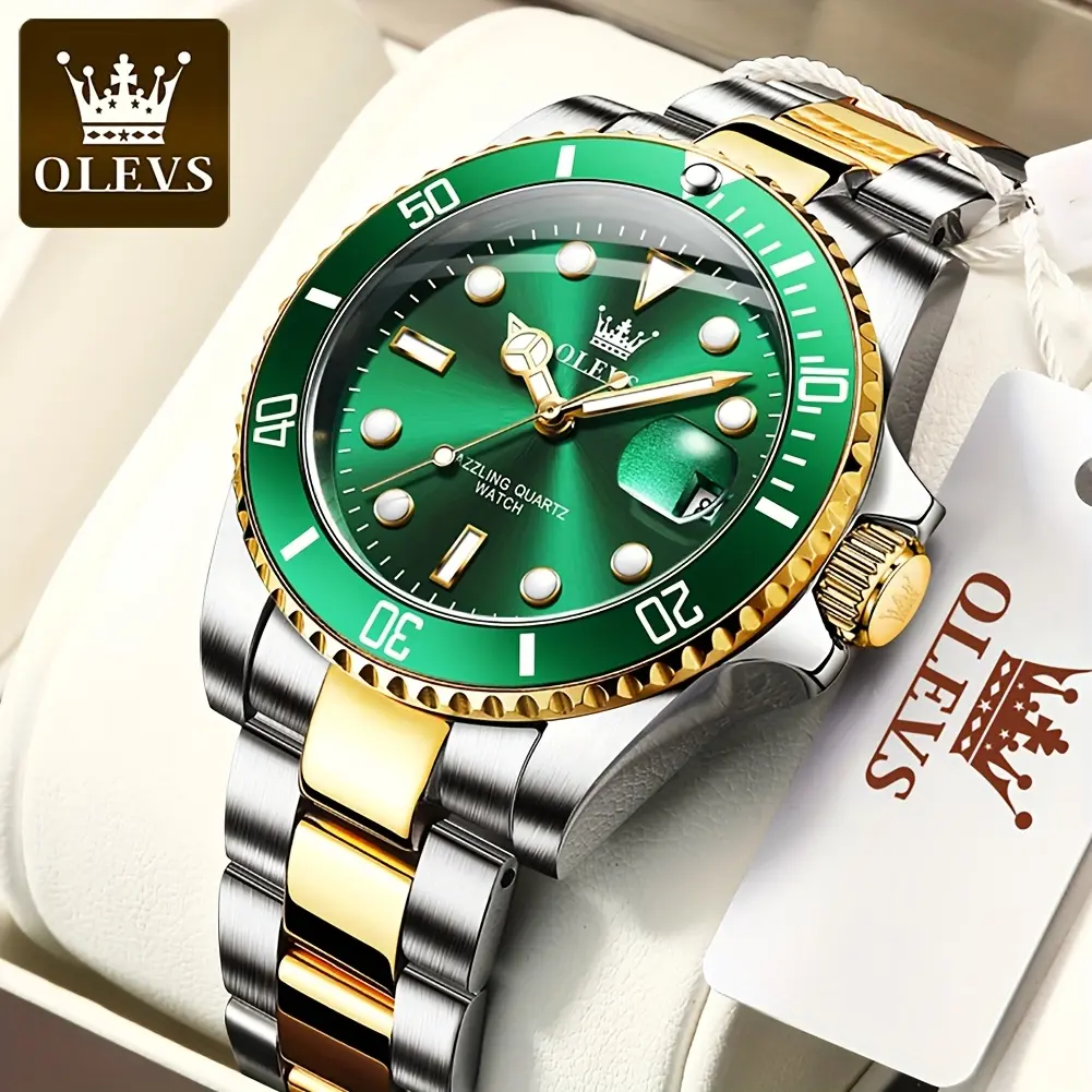 Authentic original brand OLEVS high-end fashionable men's watch - green night light waterproof date function stainless steel business style men's watch, men's gold quartz watch, a good choice for birthdays