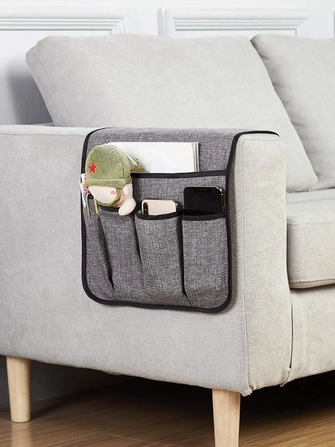 Sofa Armrest Organiser Non-Slip Arm Chair Hanging Carry Remote Control Holder for Magazine, Phone, Books, Glasses(Grey,13 in)