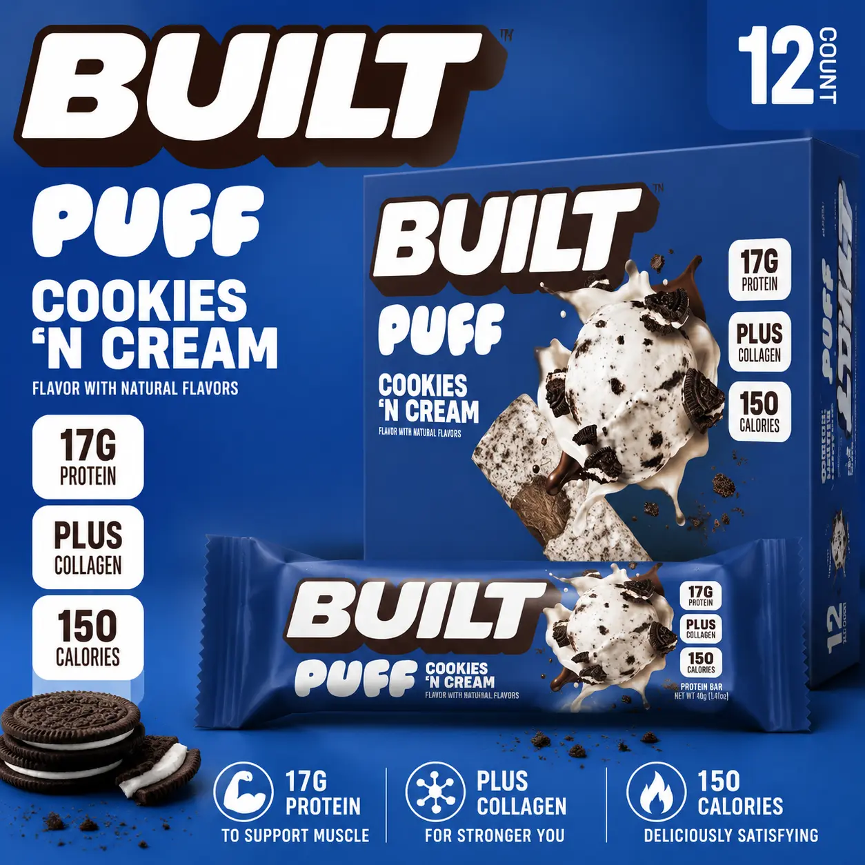 ThayerBUILT Puff Protein Bar Cookies 'N Cream 1.41 oz 12 Count  Crispy Protein Snack Bars | Creamy Cookies Flavor On-the-Go Treats