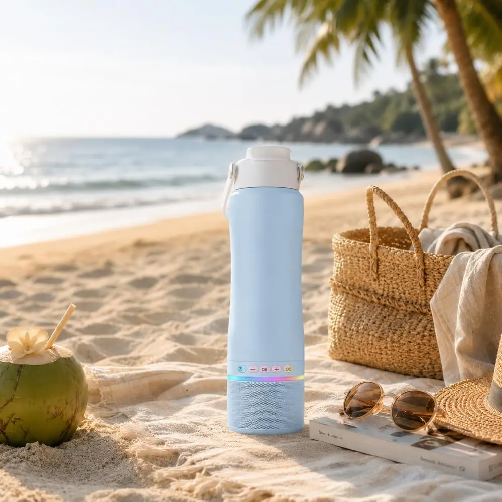 Stainless Steel Water Bottle with Portable Bluetooth Speaker,RGB Light,BPA Free Tumbler with Handle,Flip Straw and Spout,24Hr Cold,Leakproof,Camping Sport Beach Flasks Flasks
