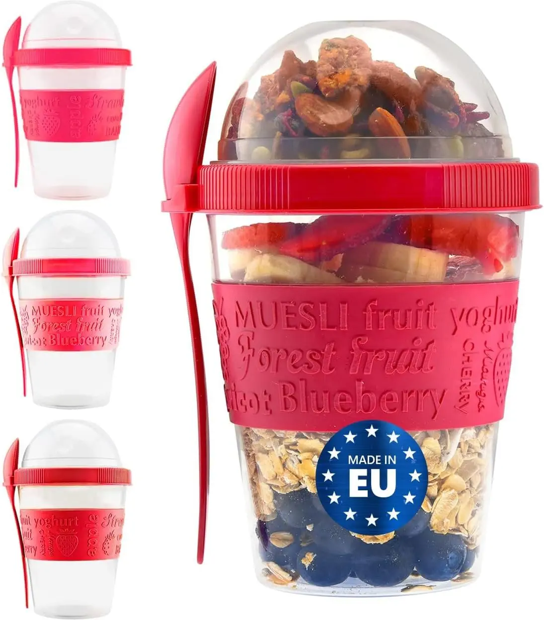 Tribello 20 oz Reusable Kitchen Overnight Oats Container Set (4) - Wide Mouth with Cover, Spoon & Compartments for Cereal Cup, Parfait, Oatmeal (Red), Utensils