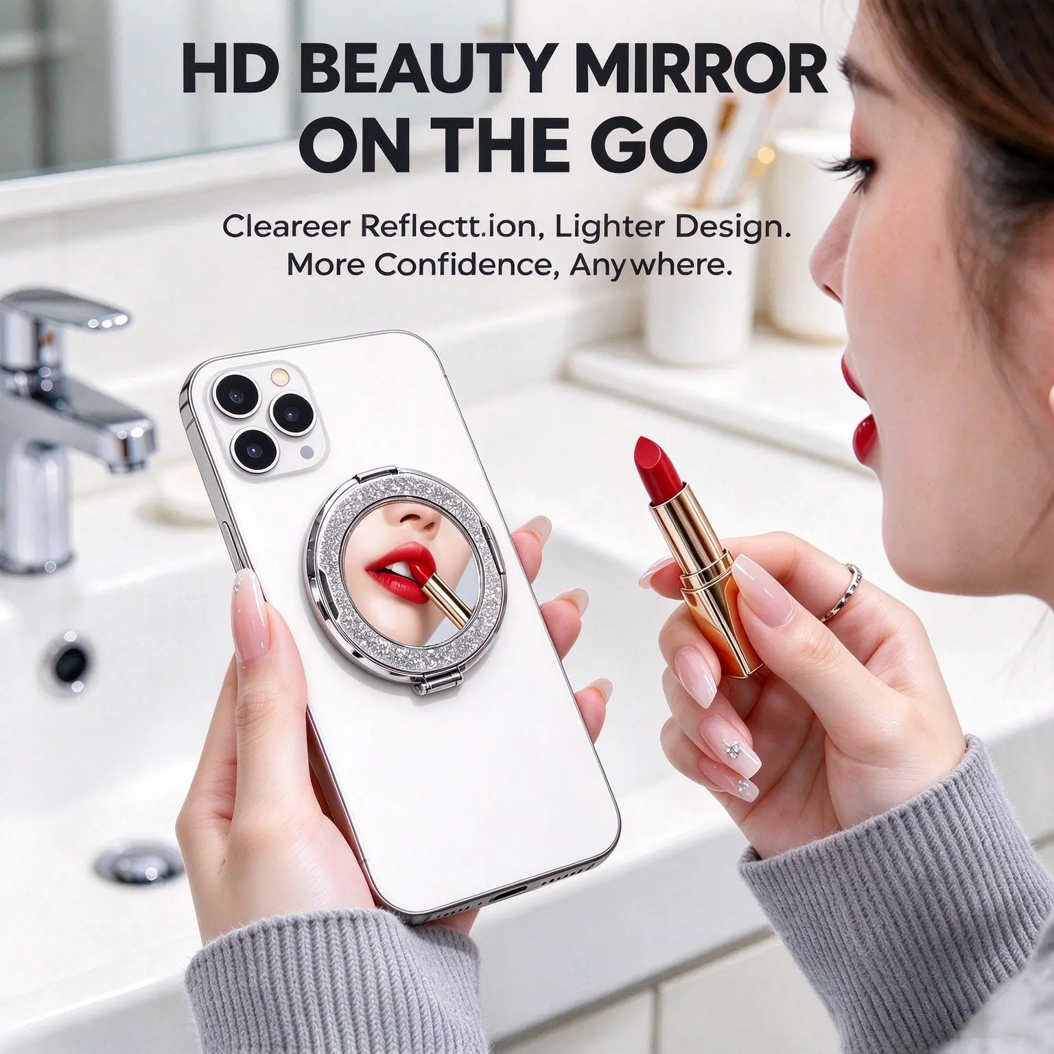 2-in-1 Shiny Glitter Compact Mirror Phone Holder - 360 degree Rotating Base, Portable Adhesive Design, Suitable for Makeup Check and Binge Watching