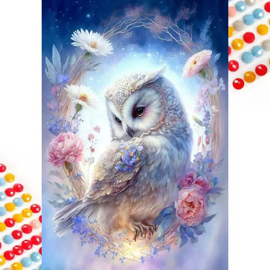 5D DIY Full Drill Rhinestone Painting - Diamond Painting Kit Owl, Flowers Mosaic Canvas DIY Wall Art, Home Wall Decoration