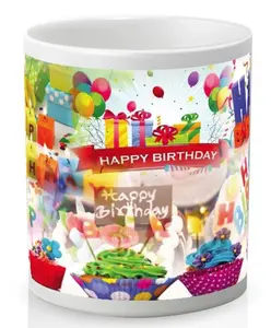 11 Ounce coffee cup with 'Happy Birthday' covering the panarama of the cup. Ceramic, microwave and heat resistant, dishwasher safe