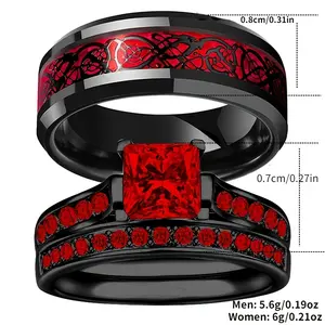 2pcs Classic Stainless Steel Dragon Pattern Men's & Women's Rings - Couple Rings with Red Zircon & Carbon Fiber - Tungsten Carbide - For Engagement, Promise & Christmas Gifts