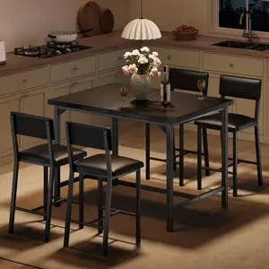 GARVEE Dining Table Set for 4 W/Footrest & Backrest, Counter Height Table with 4 Upholstered Bar Stools, Kitchen Table Set with Corner Protector, for Small Space, Black