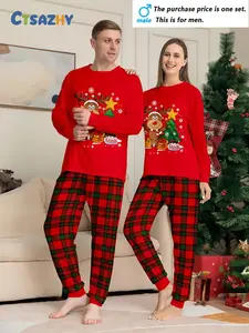 MEN/WOMEN couple Christmas long-sleeved shirts and long pants, home wear and pajamas set, reindeer Christmas tree gift box, snowflake element printed top and classic red and black checkered pants with round neck design, men's or women's single set