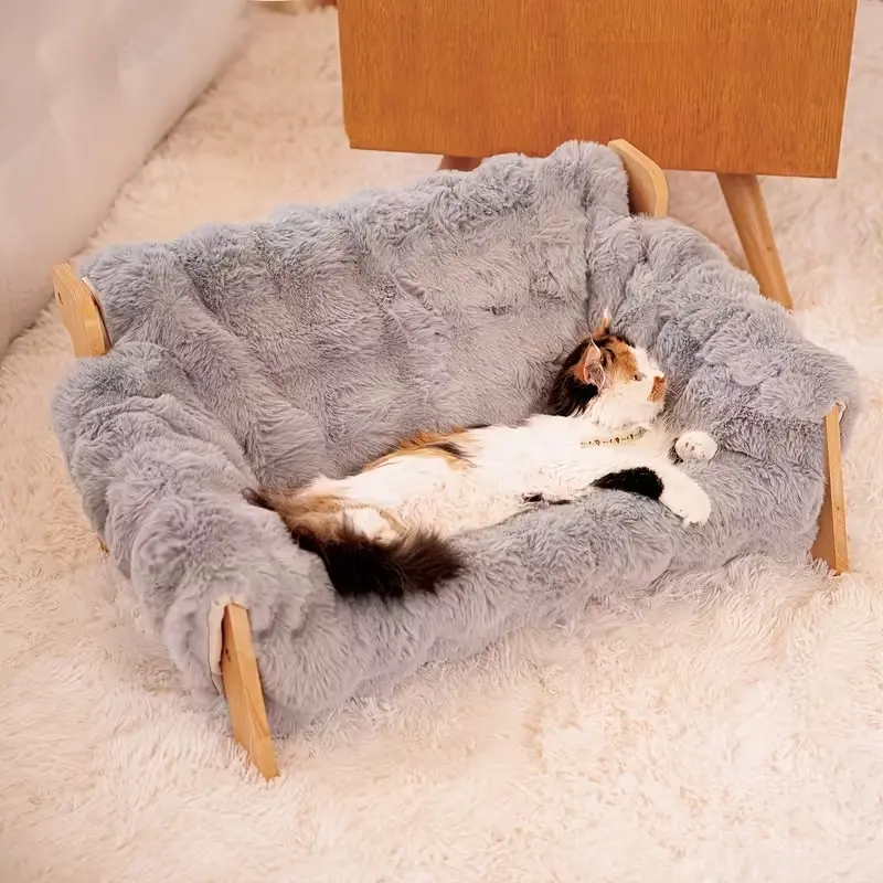 Elevated Pet Sofa Bed, Solid Wood Pet Lounge Chair, Suitable for Cats And Dogs, Dog Sofa Bed, Cat Sofa, Modern Pet Furniture, Sturdy Construction, Small Pet Home Goods Gray White Replacement Mattre Bamboo Mat Style