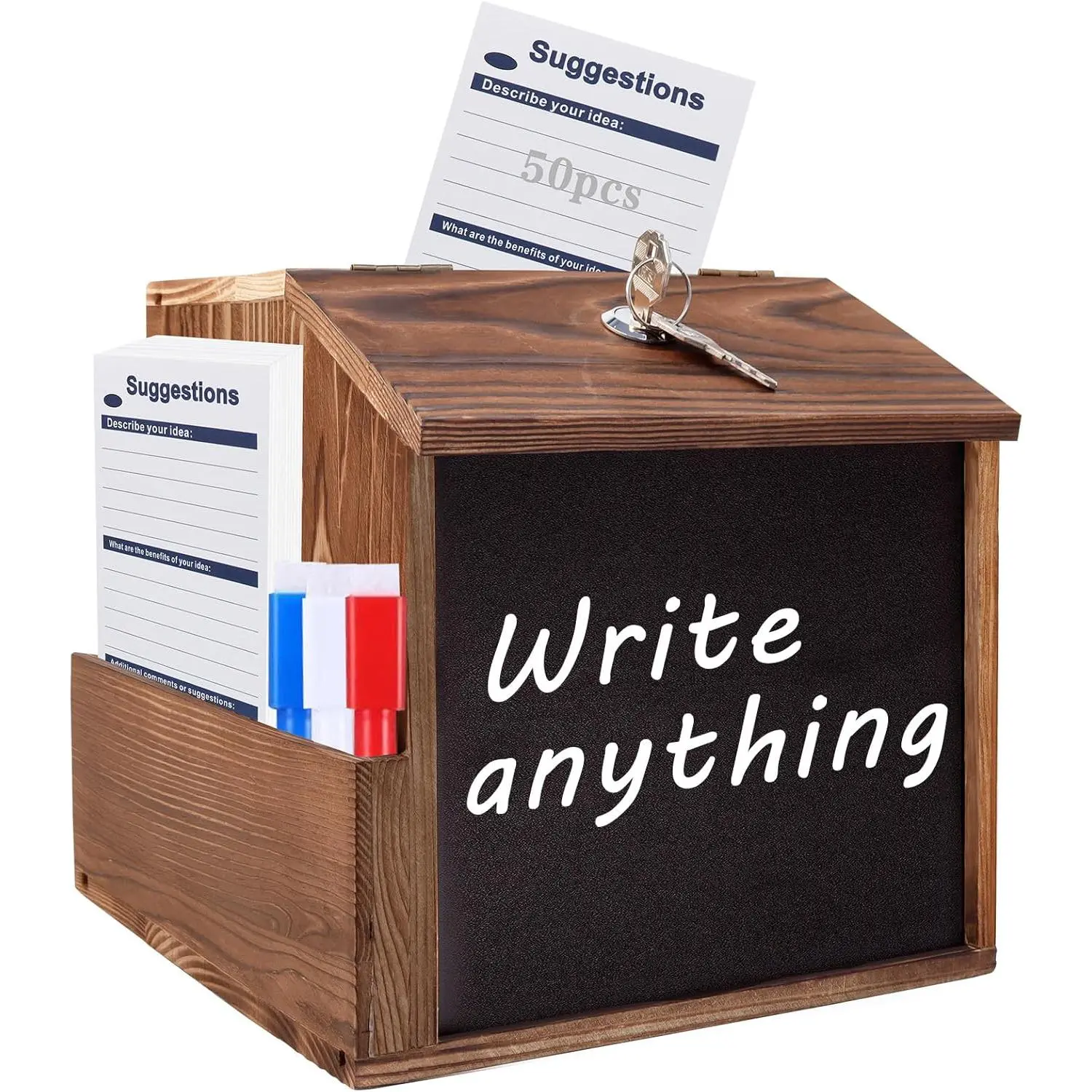 Rustic Wooden Donation Box with Secure Key Lock and Slot - Comment Box for Collecting Tips, Savings, or Prayer Ballots, Church, Countertop, Chalkboard, Suggestion Box