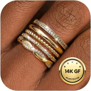 Stackable Rings for Women Non Tarnish 14k Gold Plated Rings Thin Gold Ring Stack Cubic Zirconia Thumb Ring Set Dainty Trendy Minimalist Statement Promise Engagement Bands Size 5-10