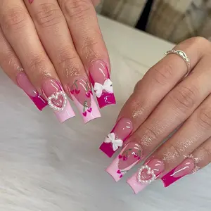 24pcs Long Nail Tips Valentine's Day French Style Cherry Bow Heart Design, Glossy Square Shape, Handmade Detachable Fake Nails