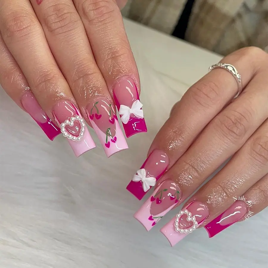 24pcs Long Nail Tips Valentine's Day French Style Cherry Bow Heart Design, Glossy Square Shape, Handmade Detachable Fake Nails