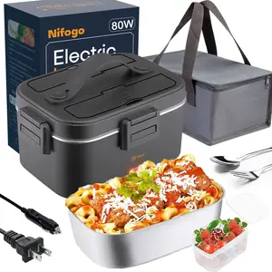 Nifogo 80W High Power Electric Lunch Box 1.8L Stainless Steel Inner Pot Display Screen Portable Heated Lunch Box 12V24V110V Car Home Office Black Square