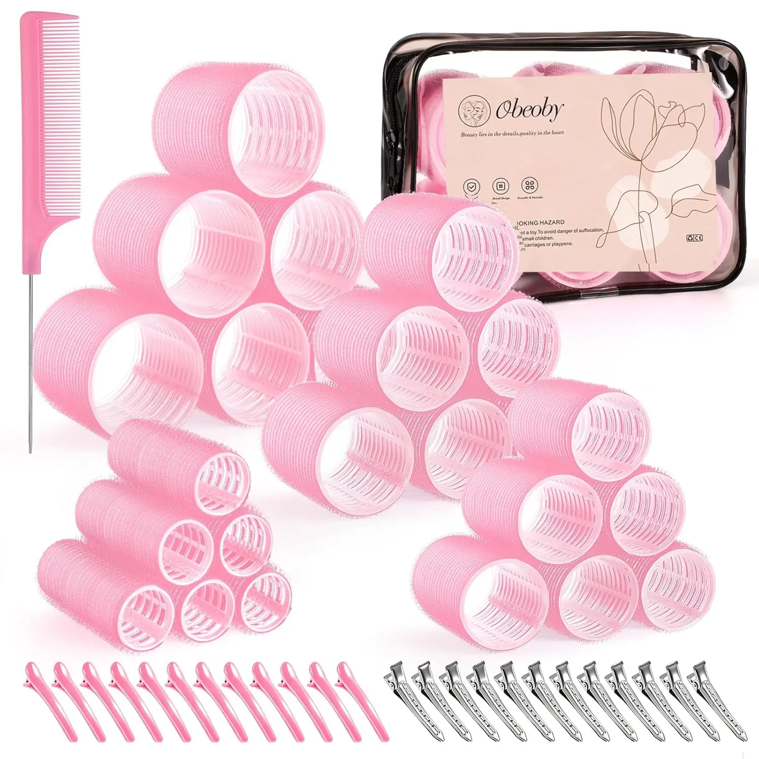 4 Sizes Self-Grip Hair Rollers Set for Long, Short Hair and Bangs - 50 Pcs with Clips (25mm, 36mm, 48mm, 60mm), Pink | No-heat (25, 36, 48, 60mm) Jumbo Large Small Plastic for Long Short Curly Bangs Styling Accessories Home Travel Gifts